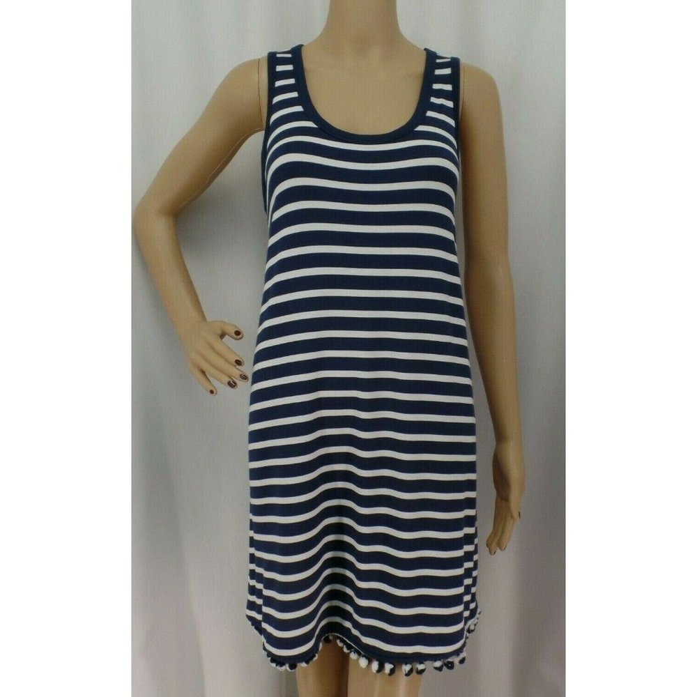 NWT ANN TAYLOR LOFT BLUE & WHITE STRIPED POM POM TRIM BOHO SWING DRESS SIZE: L